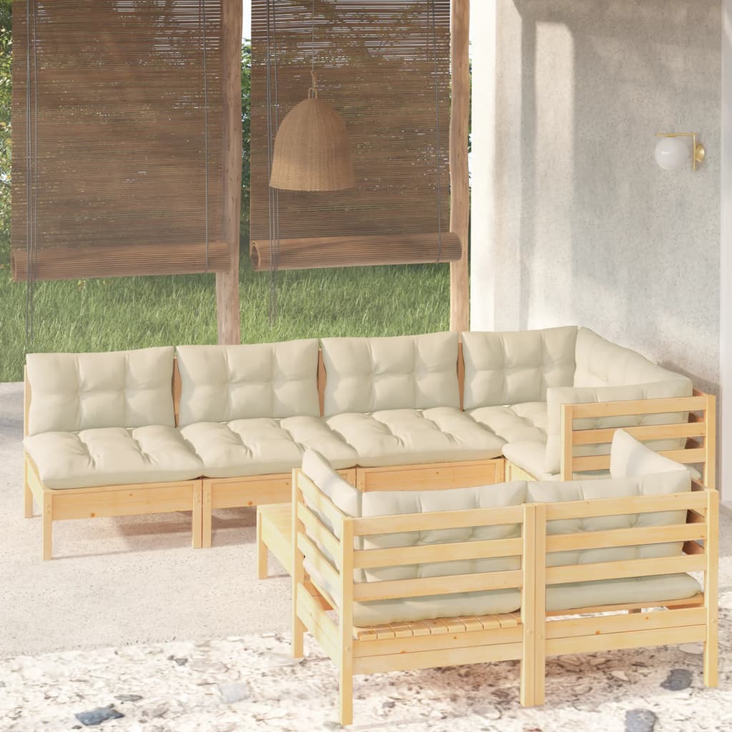 Set mobilier de grădină cu perne crem, 8 piese, lemn masiv pin - Lando