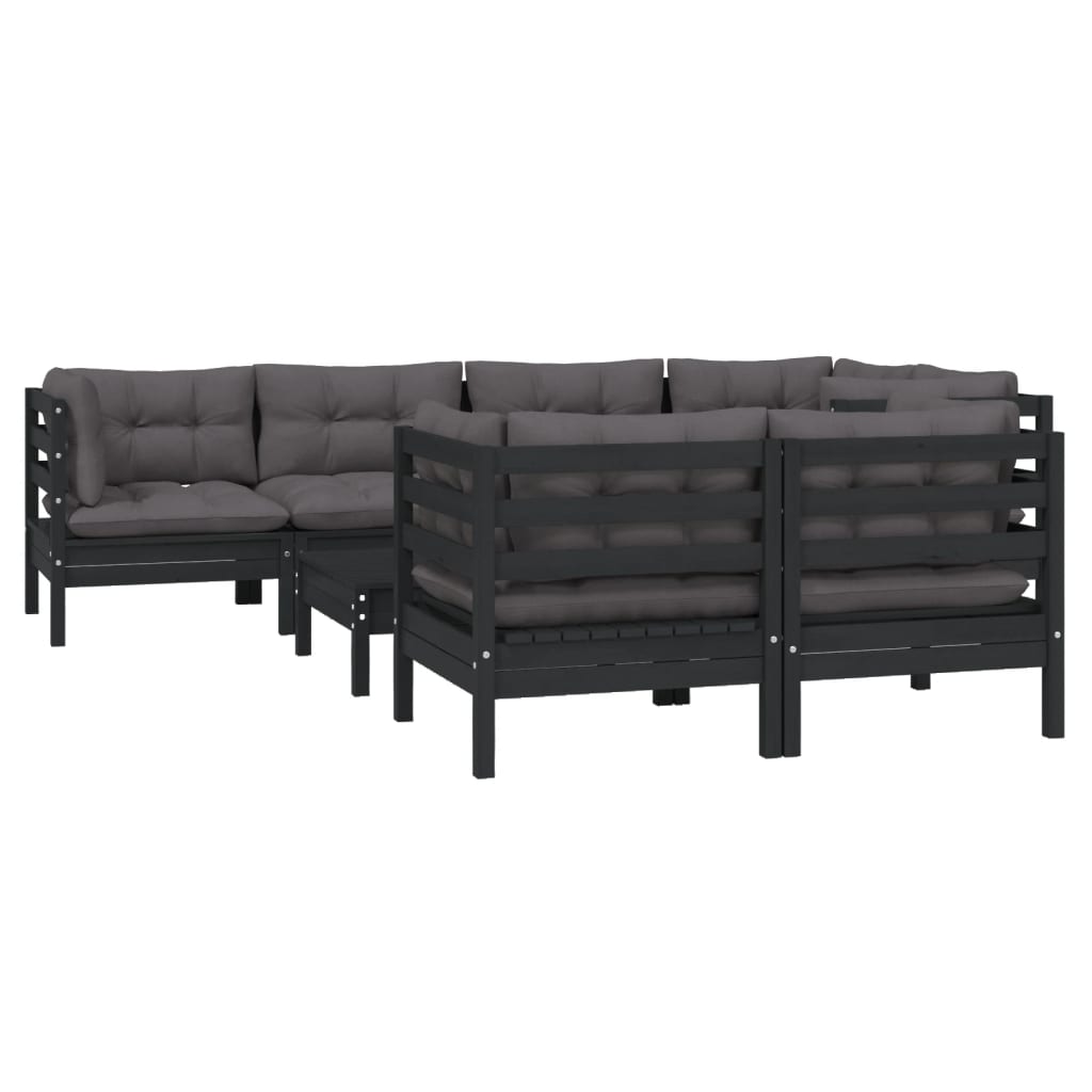 Set mobilier de grădină cu perne 8 piese negru lemn masiv pin - Lando