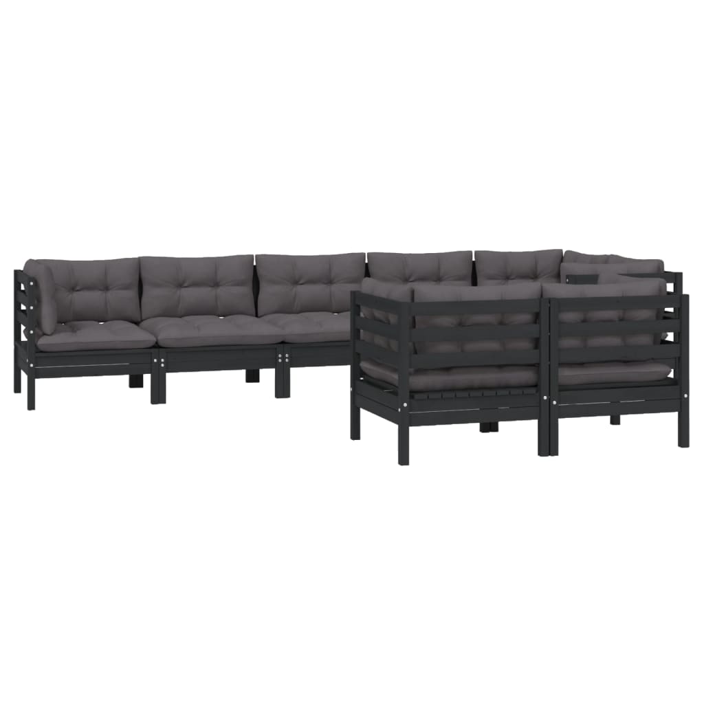 Set mobilier de grădină cu perne 8 piese negru lemn masiv pin - Lando