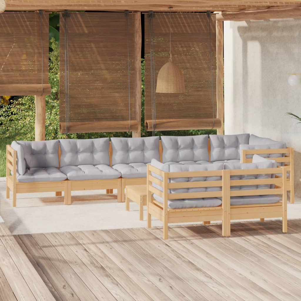 Set mobilier de grădină cu perne gri, 9 piese, lemn masiv pin - Lando