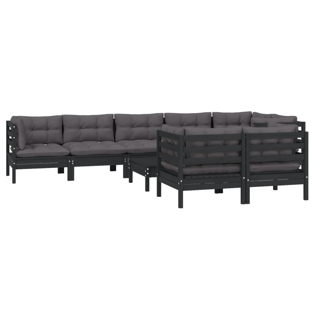 Set mobilier grădină cu perne, 9 piese, negru, lemn masiv pin - Lando