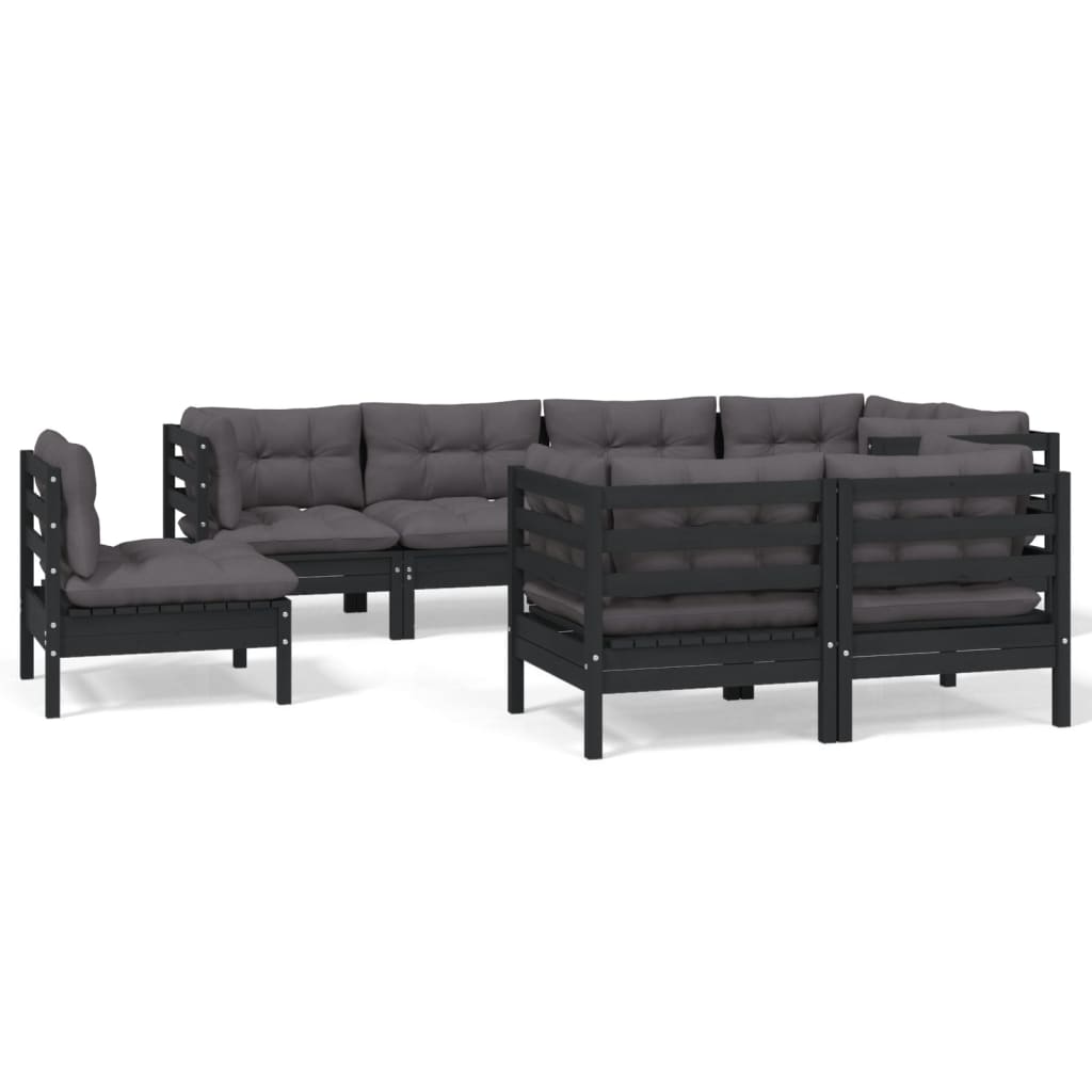 Set mobilier de grădină cu perne 8 piese negru lemn masiv pin - Lando