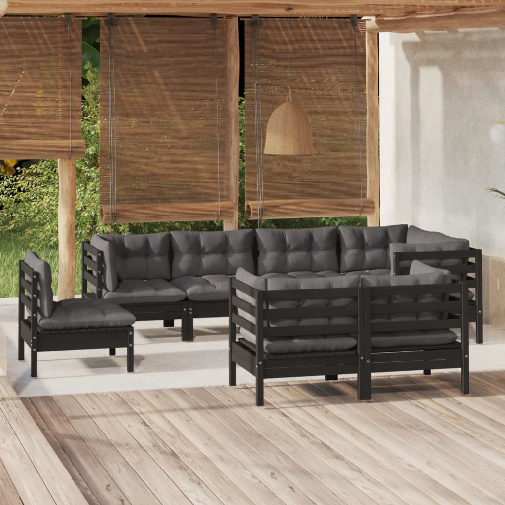 Set mobilier de grădină cu perne 8 piese negru lemn masiv pin - Lando