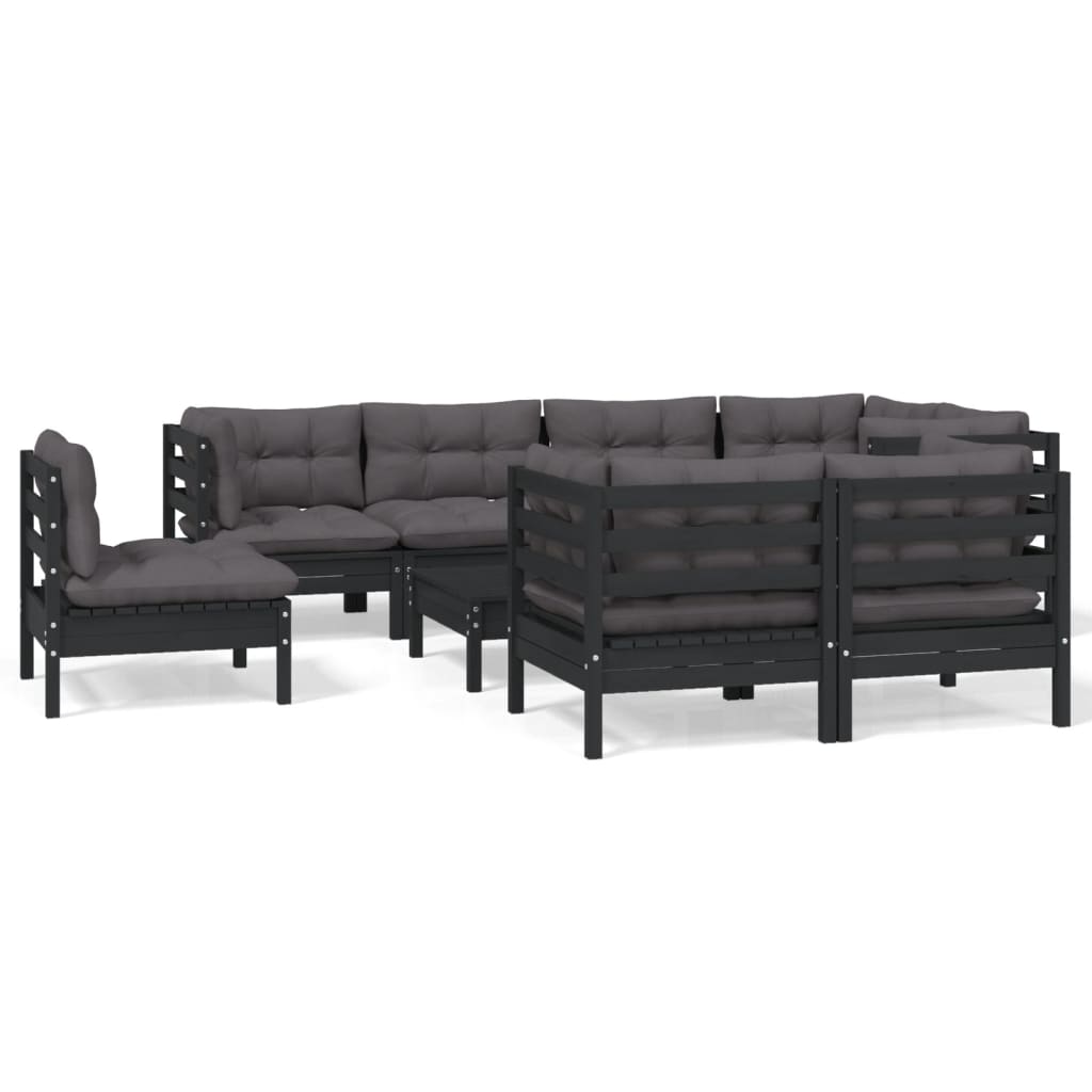 Set mobilier grădină cu perne, 9 piese, negru, lemn masiv pin - Lando