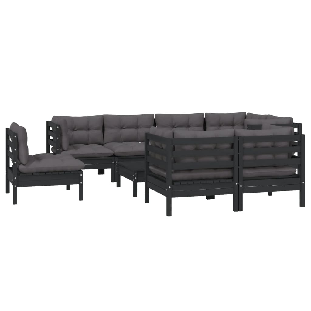 Set mobilier grădină cu perne, 9 piese, negru, lemn masiv pin - Lando