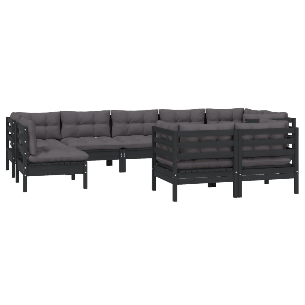 Set mobilier grădină cu perne, 9 piese, negru, lemn masiv pin - Lando