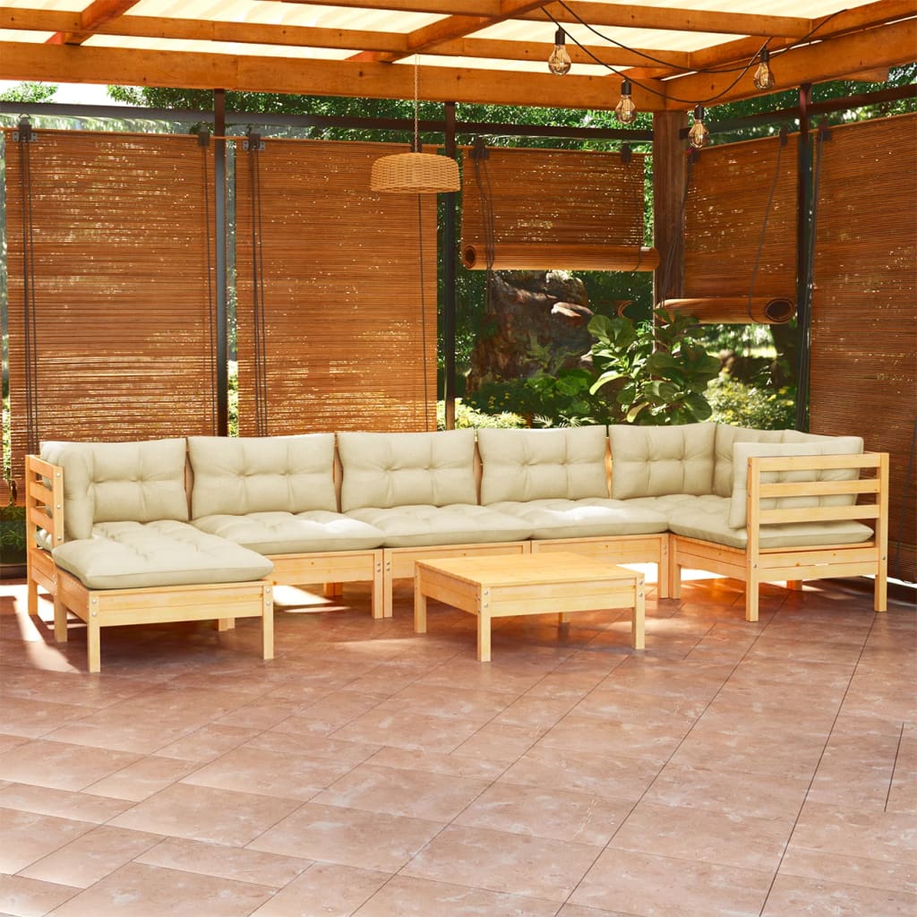 Set mobilier de grădină cu perne crem, 8 piese, lemn masiv pin - Lando