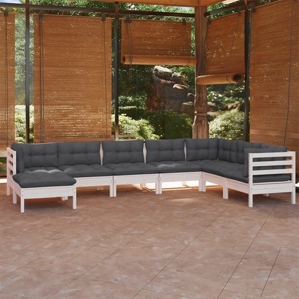 Set mobilier de grădină cu perne, 8 piese, alb, lemn masiv pin - Lando