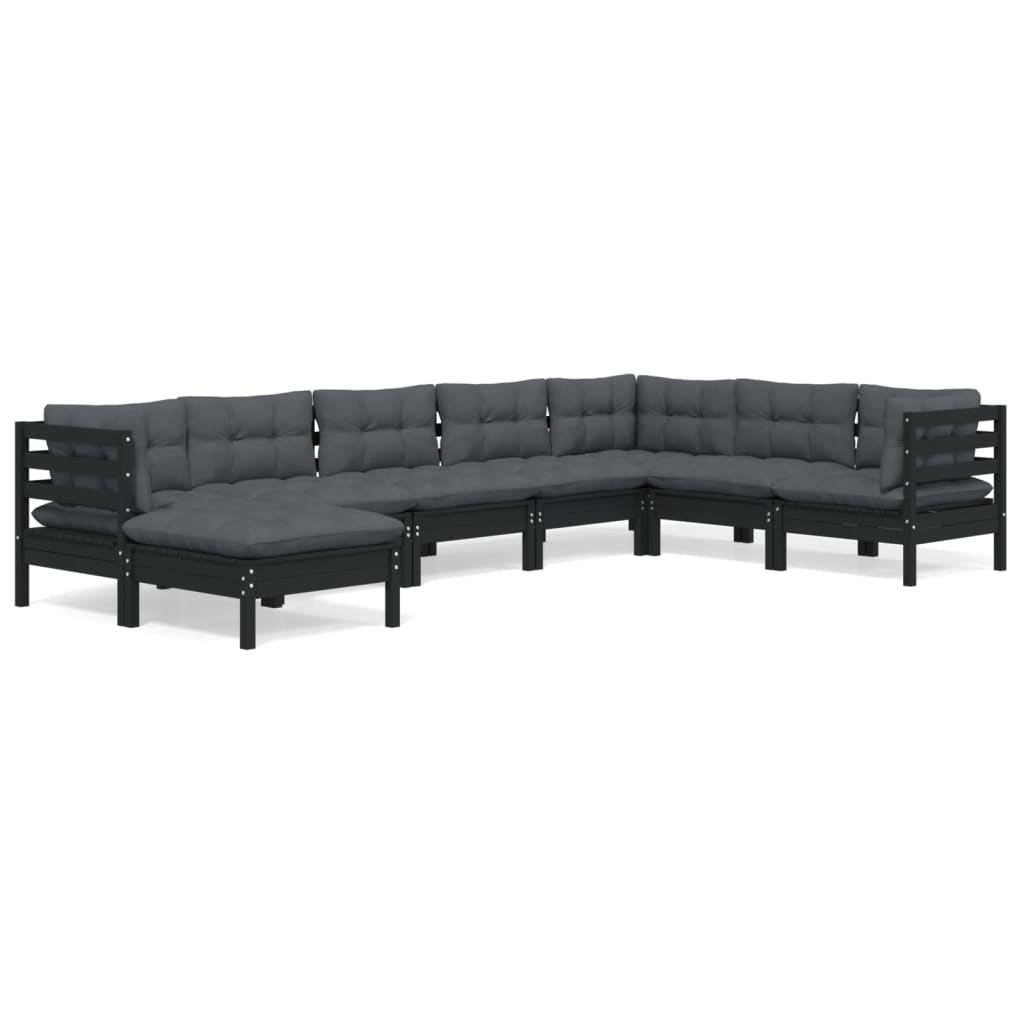 Set mobilier de grădină cu perne 8 piese negru lemn masiv pin - Lando