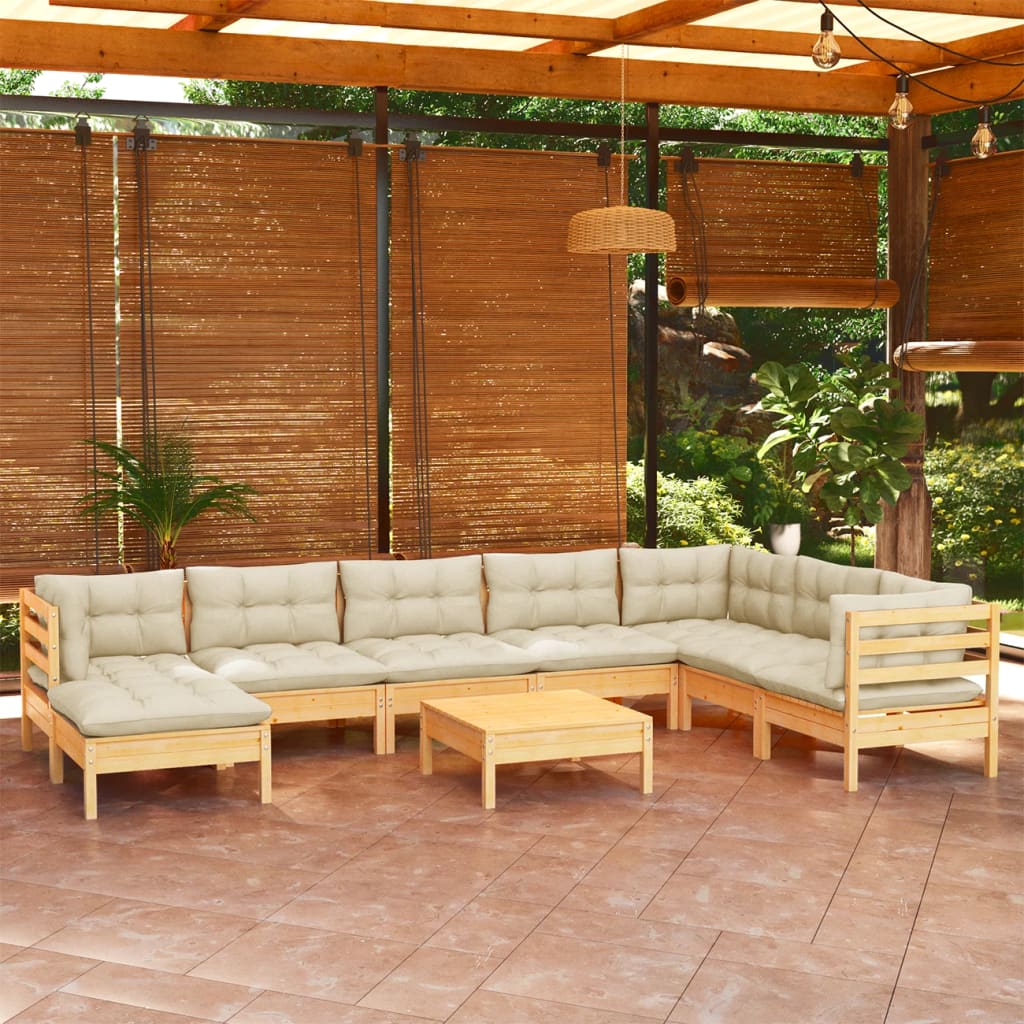 Set mobilier grădină cu perne crem, 9 piese, lemn masiv de pin - Lando