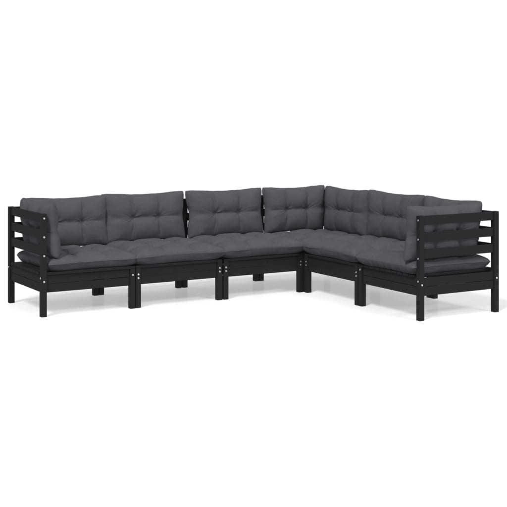 Set mobilier grădină cu perne, 6 piese, negru, lemn de pin - Lando