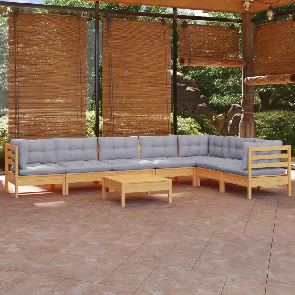 Set mobilier de grădină cu perne gri, 8 piese, lemn masiv pin - Lando