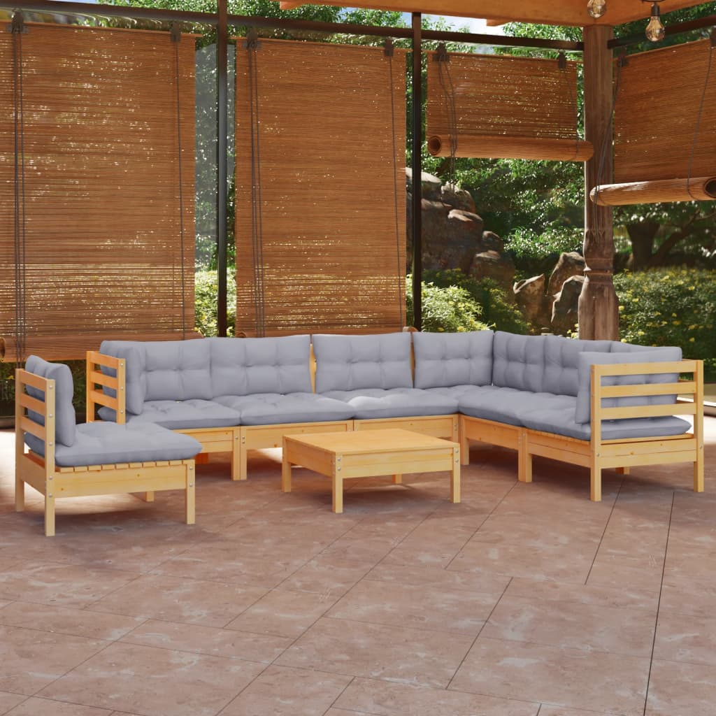 Set mobilier de grădină cu perne gri, 8 piese, lemn masiv pin - Lando