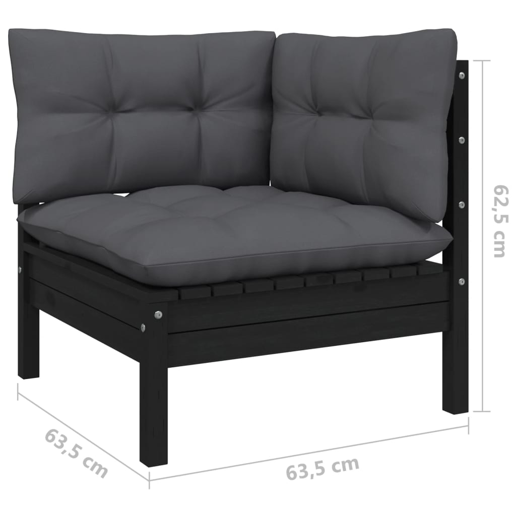 Set mobilier grădină cu perne, 9 piese, negru, lemn masiv pin - Lando