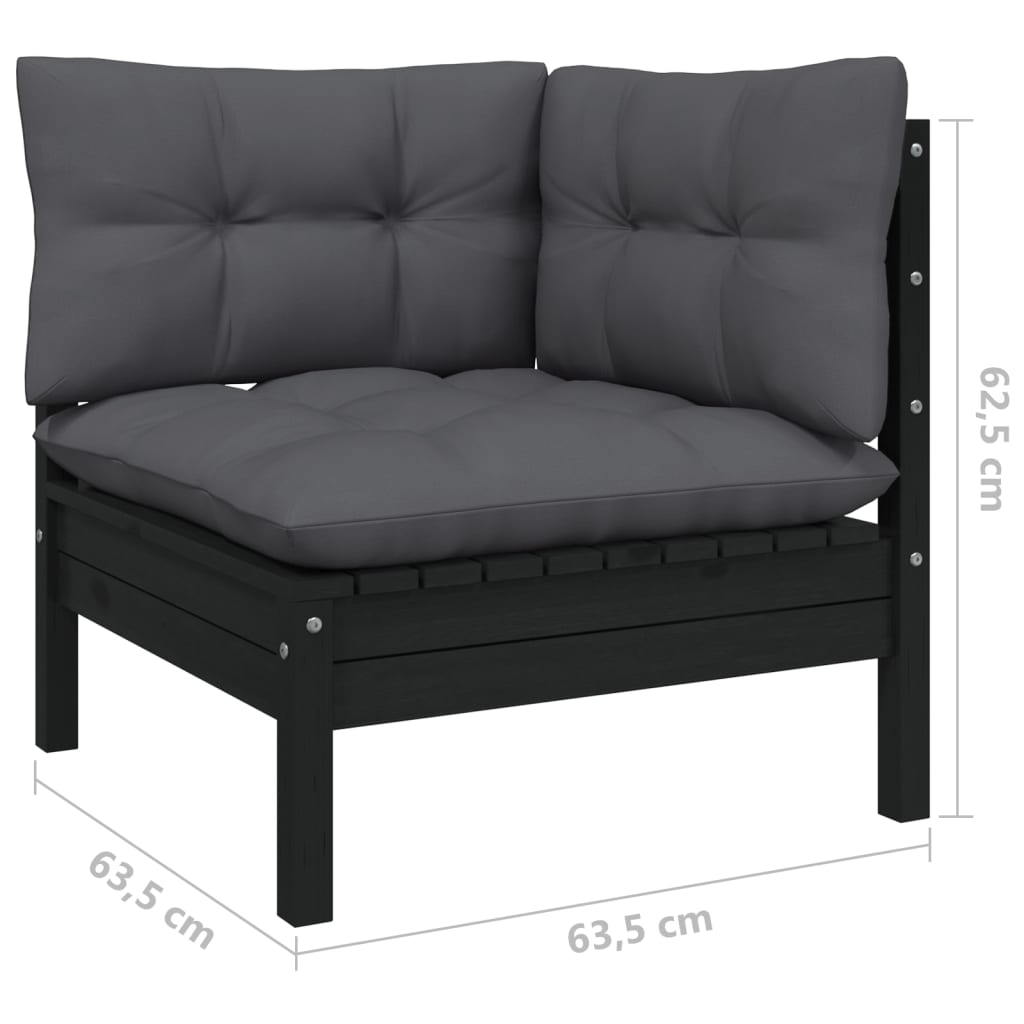 Set mobilier grădină cu perne, 11 piese, negru, lemn masiv pin - Lando