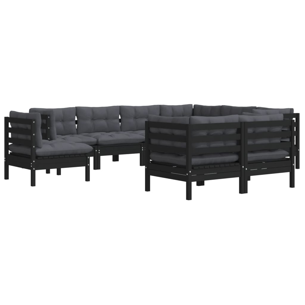 Set mobilier grădină cu perne, 9 piese, negru, lemn masiv pin - Lando