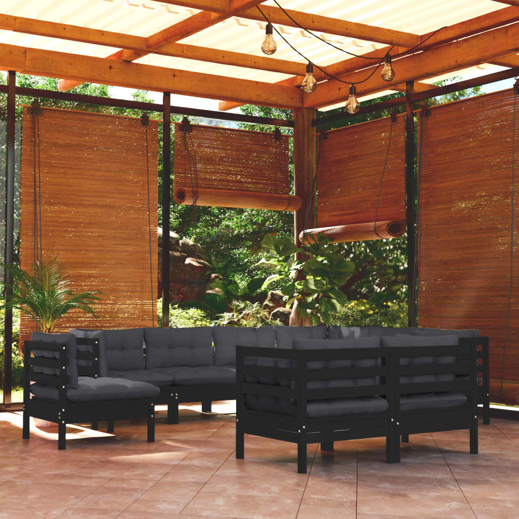 Set mobilier grădină cu perne, 9 piese, negru, lemn masiv pin - Lando