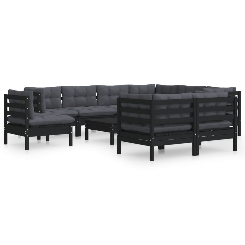 Set mobilier de grădină cu perne 10 piese negru lemn masiv pin - Lando