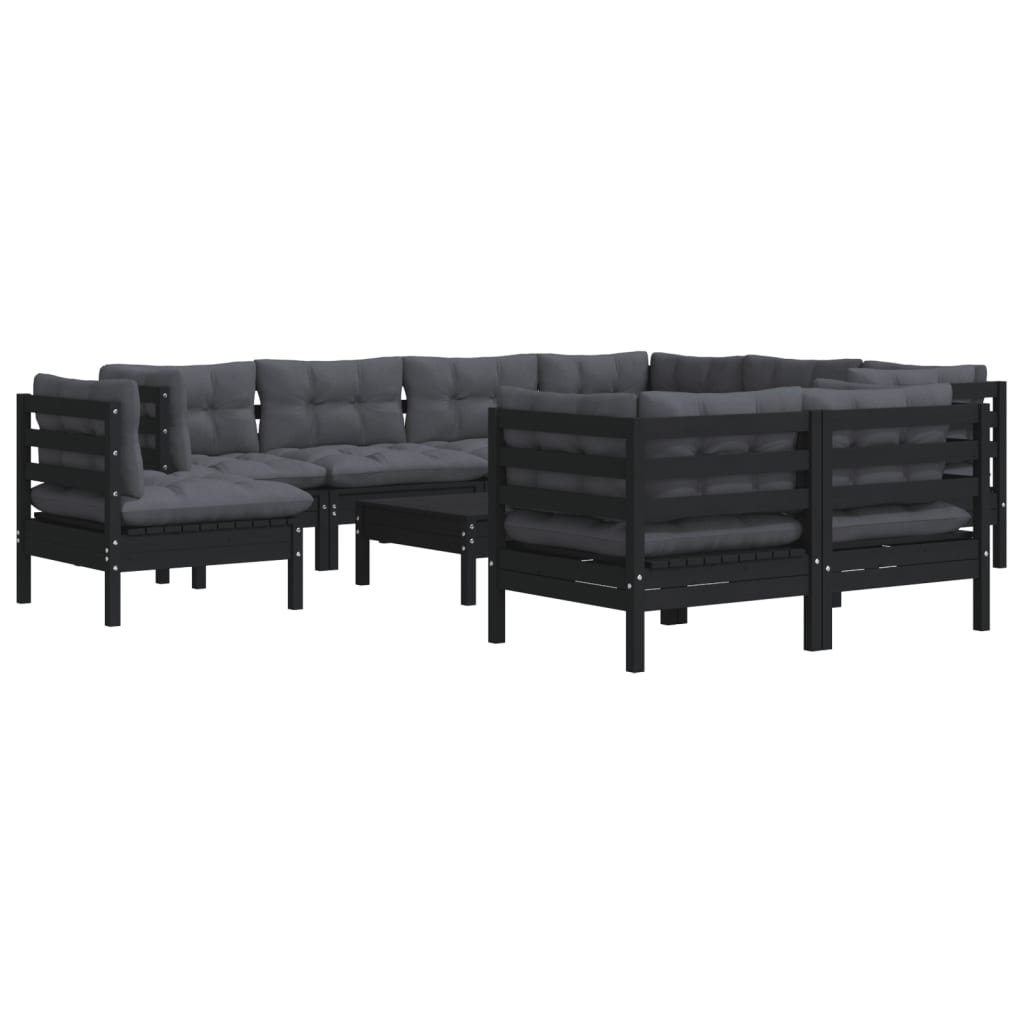 Set mobilier de grădină cu perne 10 piese negru lemn masiv pin - Lando