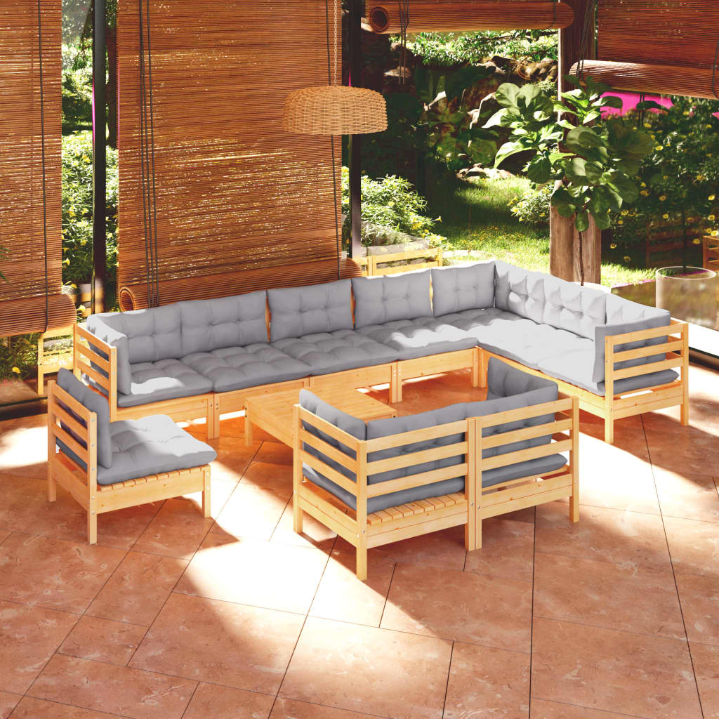 Set mobilier de grădină cu perne, 11 piese, gri, lemn masiv pin - Lando