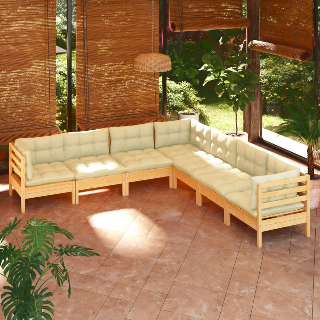Set mobilier grădină cu perne crem, 7 piese, lemn masiv pin - Lando