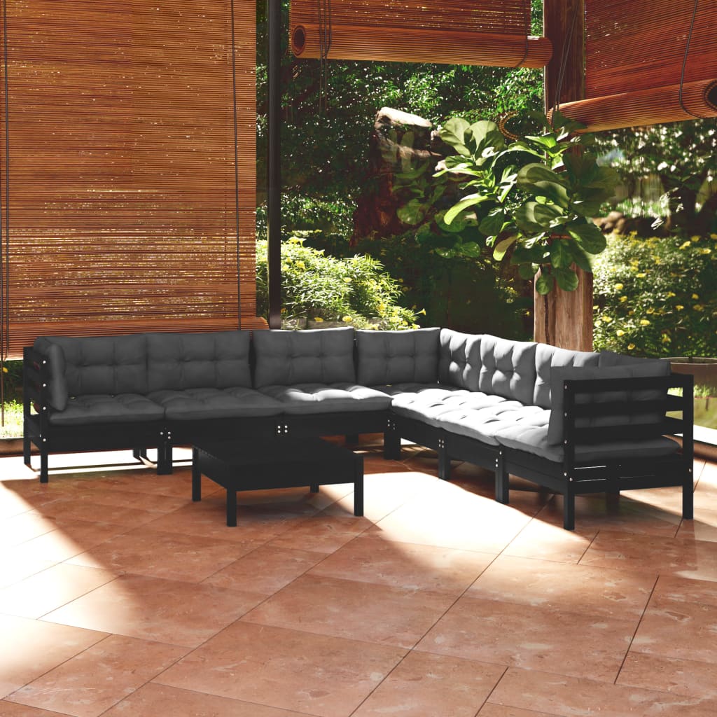 Set mobilier de grădină cu perne 8 piese negru lemn masiv pin - Lando