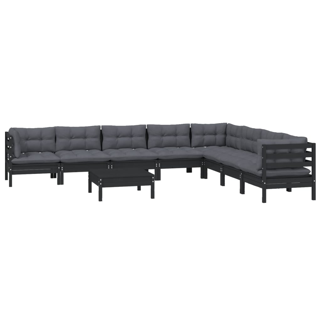 Set mobilier grădină cu perne, 9 piese, negru, lemn masiv pin - Lando