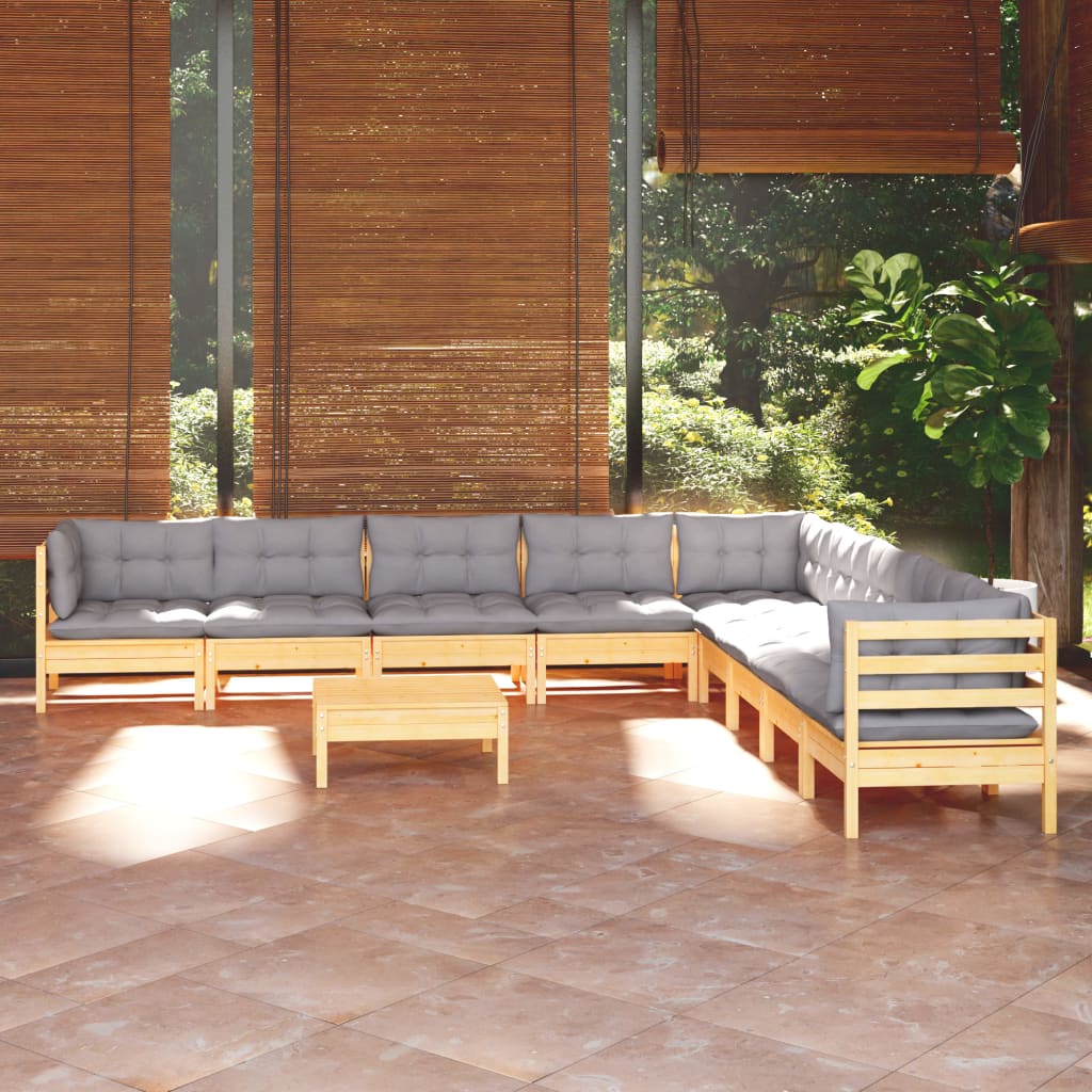 Set mobilier grădină cu perne, 10 piese, gri, lemn masiv pin - Lando