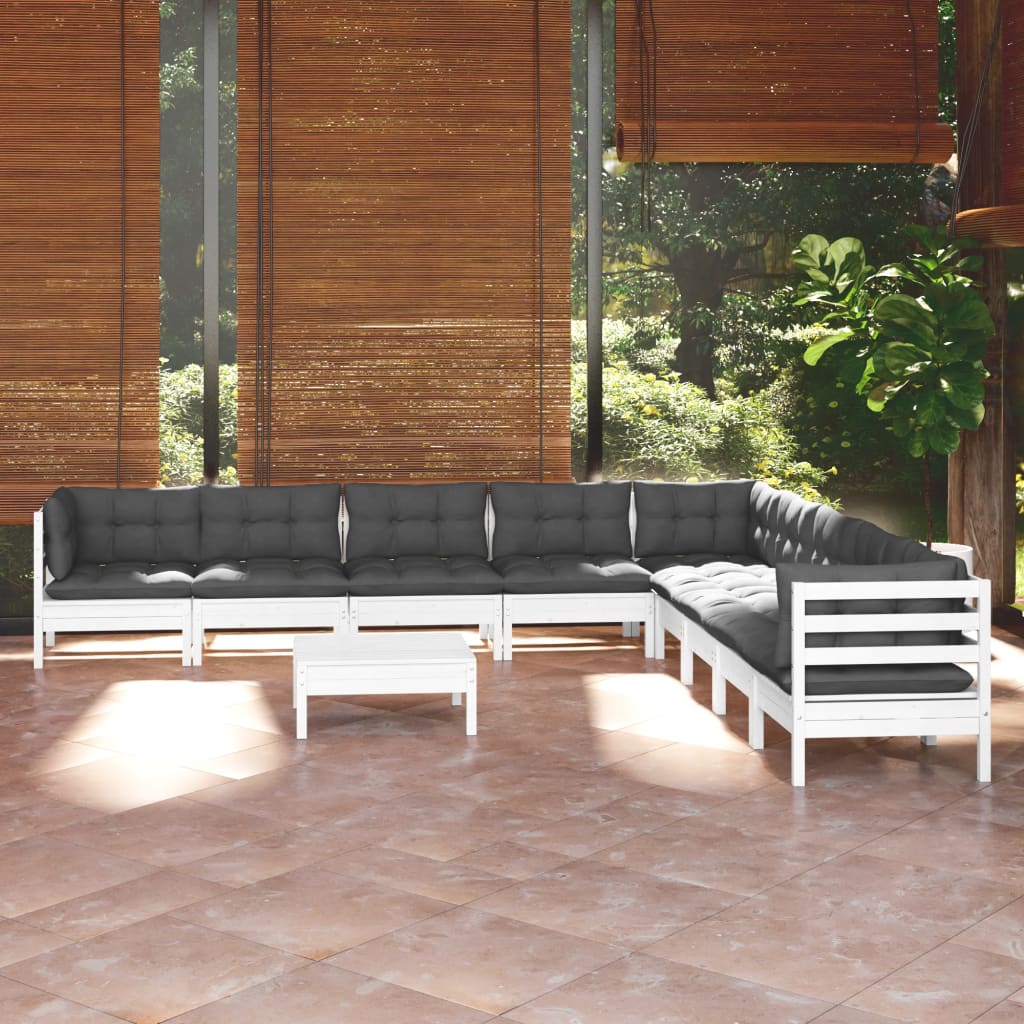 Set mobilier grădină cu perne, 10 piese, alb, lemn masiv pin - Lando