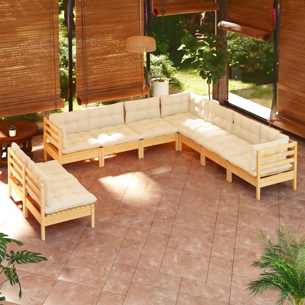 Set mobilier grădină cu perne crem, 9 piese, lemn masiv de pin - Lando