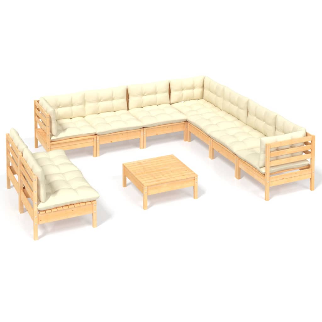 Set mobilier grădină cu perne crem, 10 piese, lemn masiv de pin - Lando