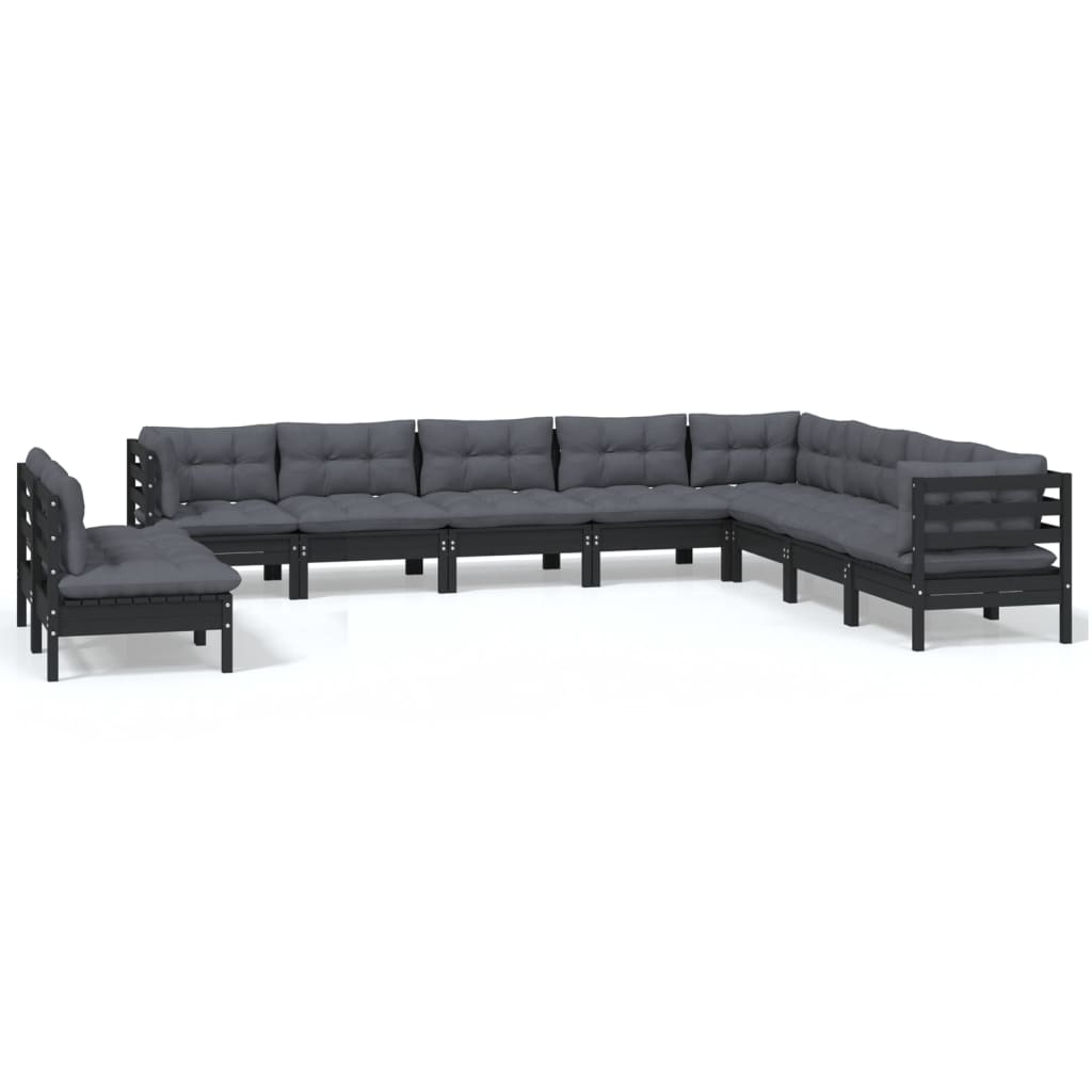 Set mobilier de grădină cu perne 10 piese negru lemn masiv pin - Lando