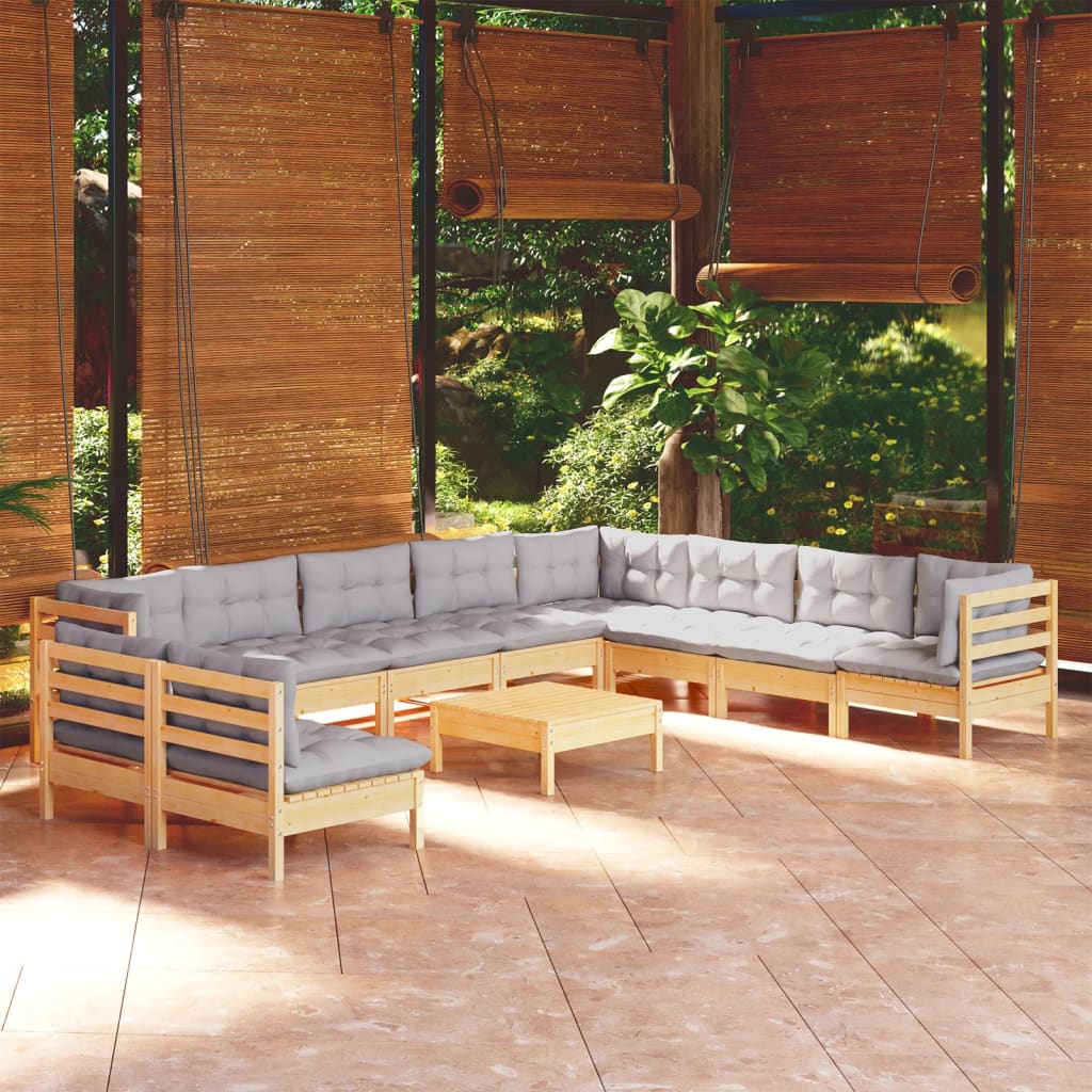 Set mobilier de grădină cu perne, 11 piese, gri, lemn masiv pin - Lando