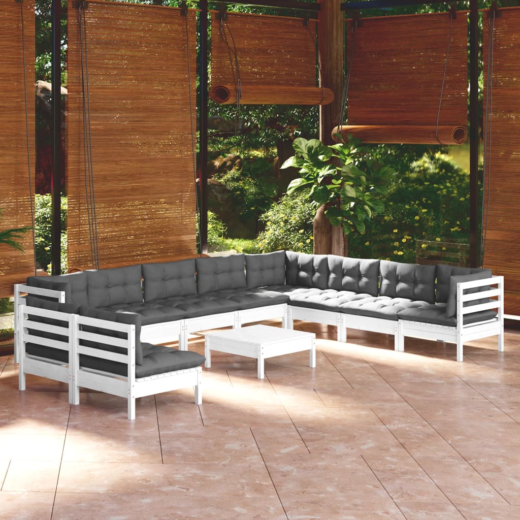 Set mobilier grădină cu perne, 11 piese, alb, lemn masiv pin - Lando