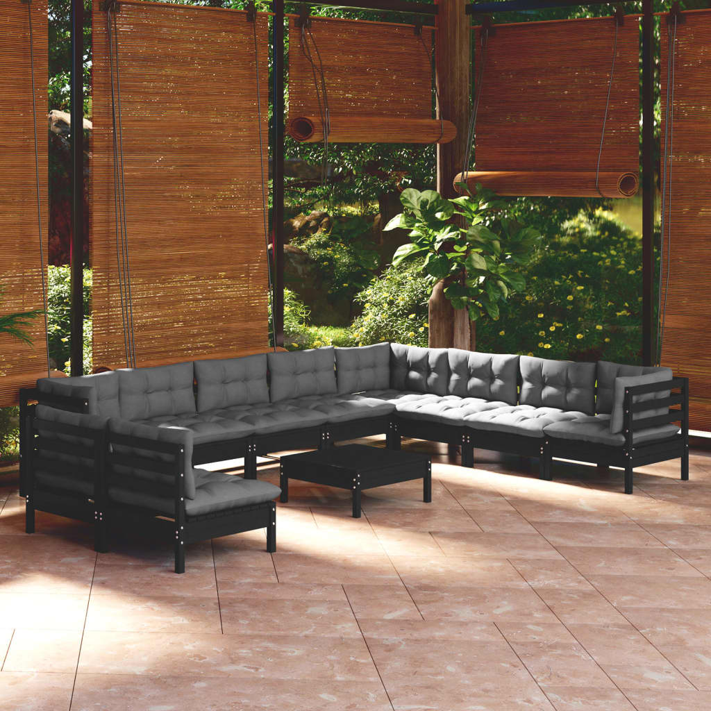 Set mobilier grădină cu perne, 11 piese, negru, lemn masiv pin - Lando