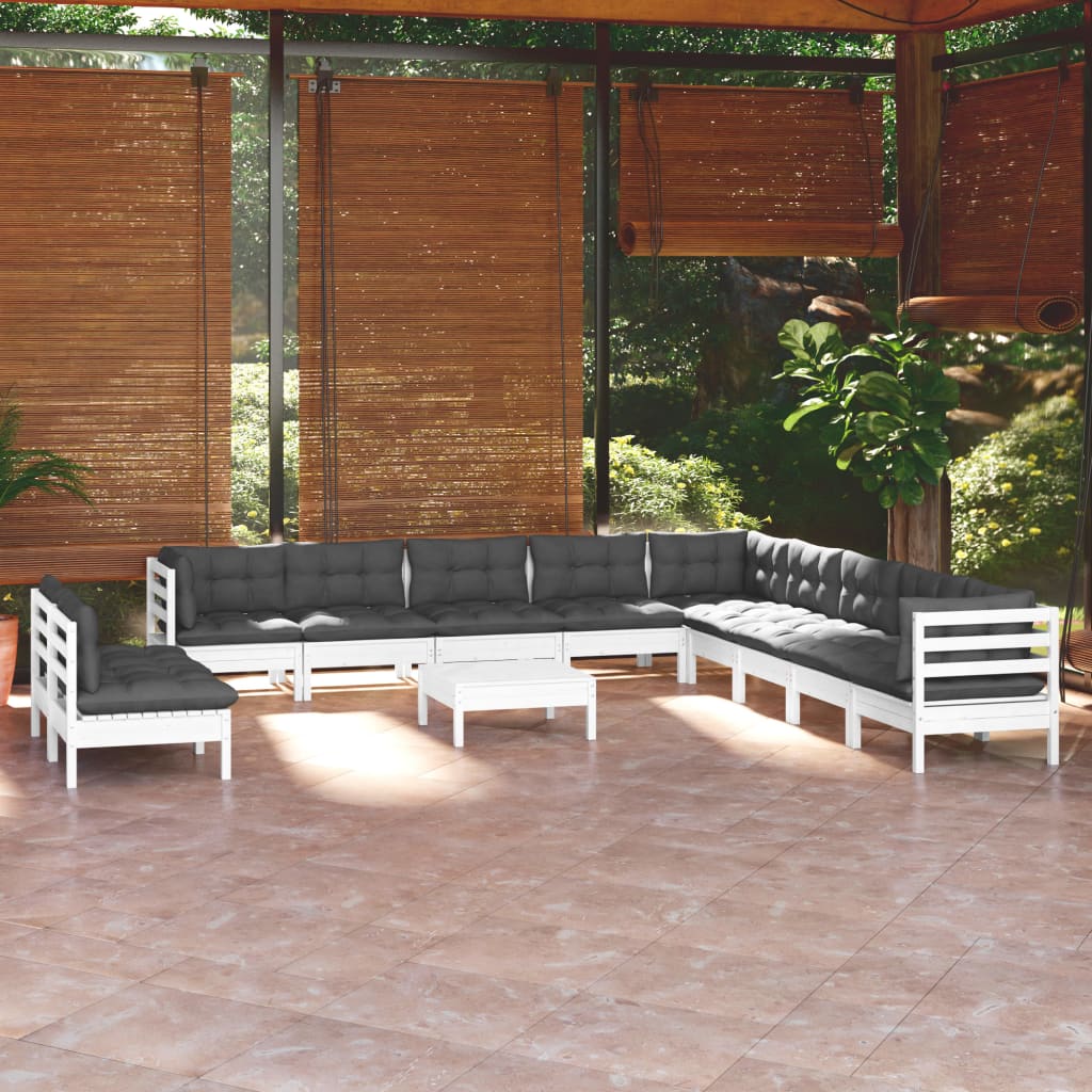 Set mobilier grădină cu perne, 12 piese, alb, lemn masiv pin - Lando