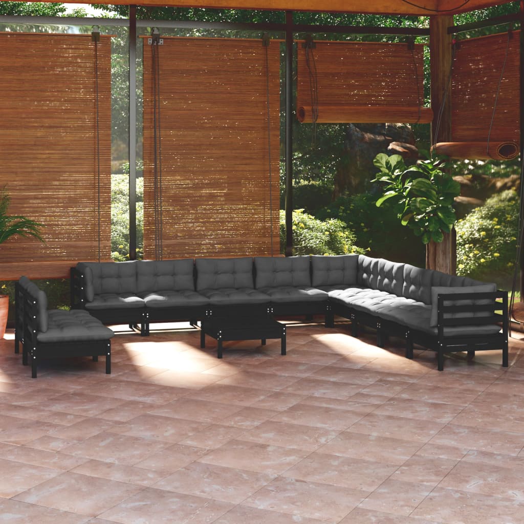 Set mobilier grădină cu perne, 12 piese, negru, lemn masiv pin - Lando