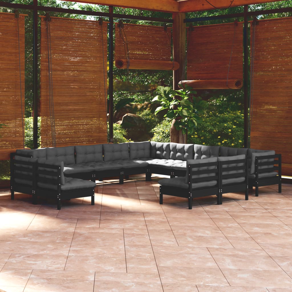 Set mobilier grădină cu perne, 13 piese, negru, lemn masiv pin - Lando