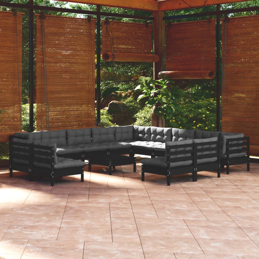 Set mobilier grădină cu perne, 14 piese, negru, lemn masiv pin - Lando