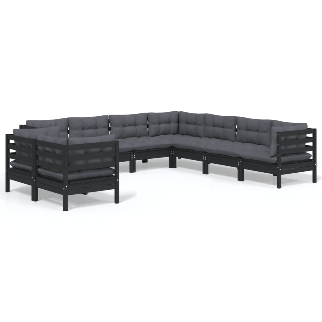 Set mobilier grădină cu perne, 9 piese, negru, lemn masiv pin - Lando