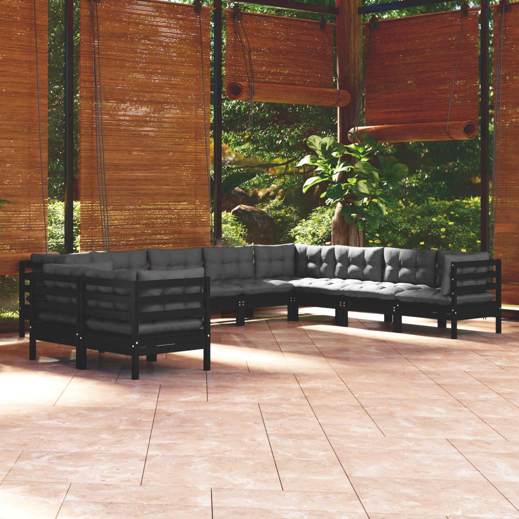 Set mobilier de grădină cu perne 10 piese negru lemn masiv pin - Lando