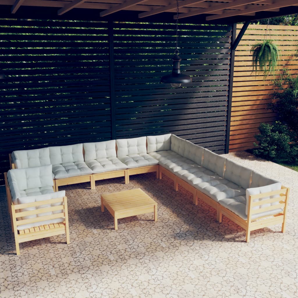 Set mobilier grădină cu perne crem, 12 piese, lemn masiv de pin - Lando