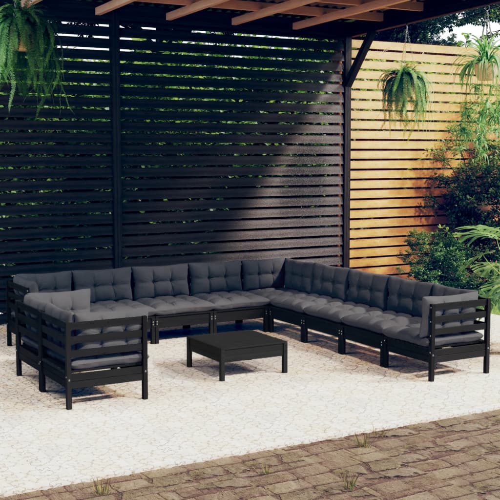 Set mobilier grădină cu perne, 12 piese, negru, lemn masiv pin - Lando