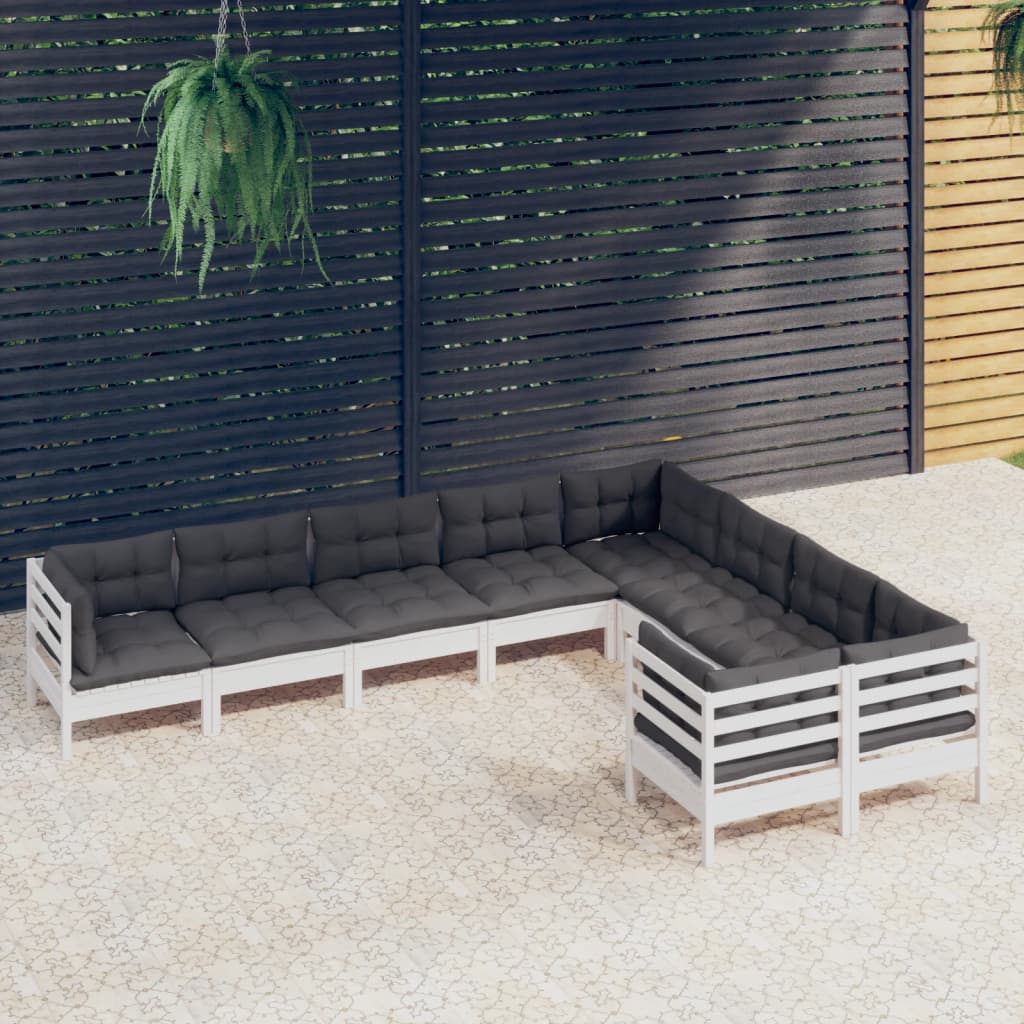 Set mobilier de grădină cu perne, 9 piese, alb, lemn de pin - Lando