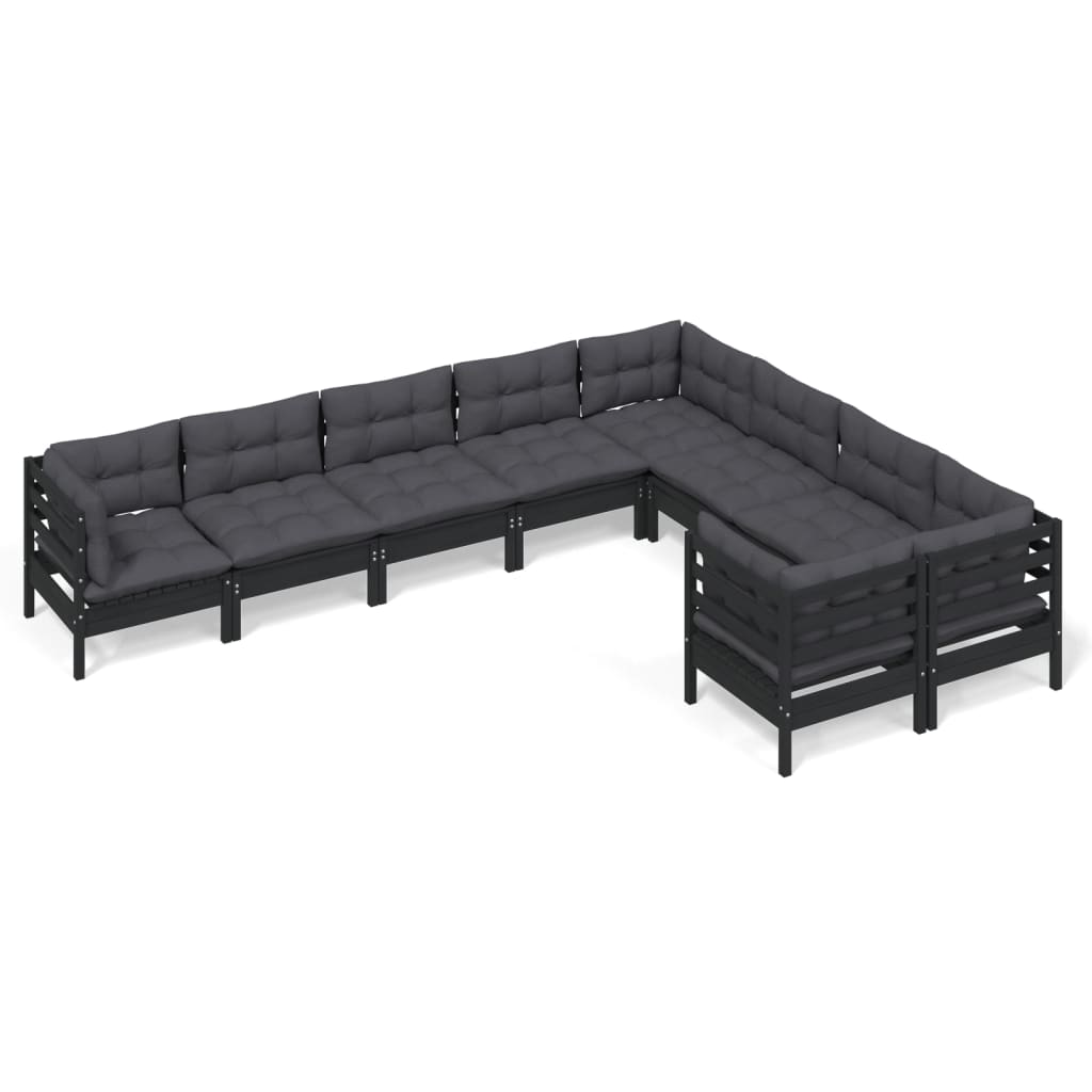 Set mobilier grădină cu perne, 9 piese, negru, lemn de pin - Lando