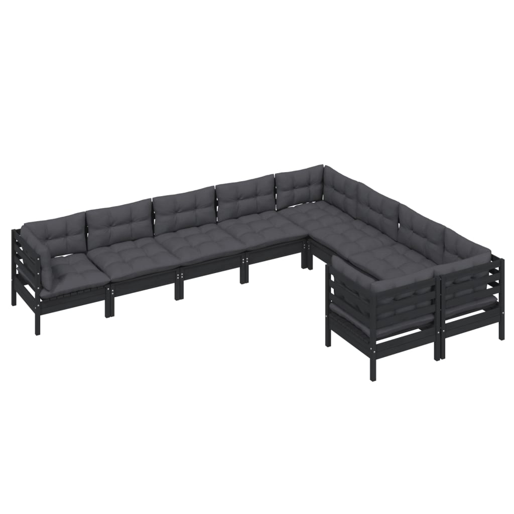 Set mobilier grădină cu perne, 9 piese, negru, lemn de pin - Lando