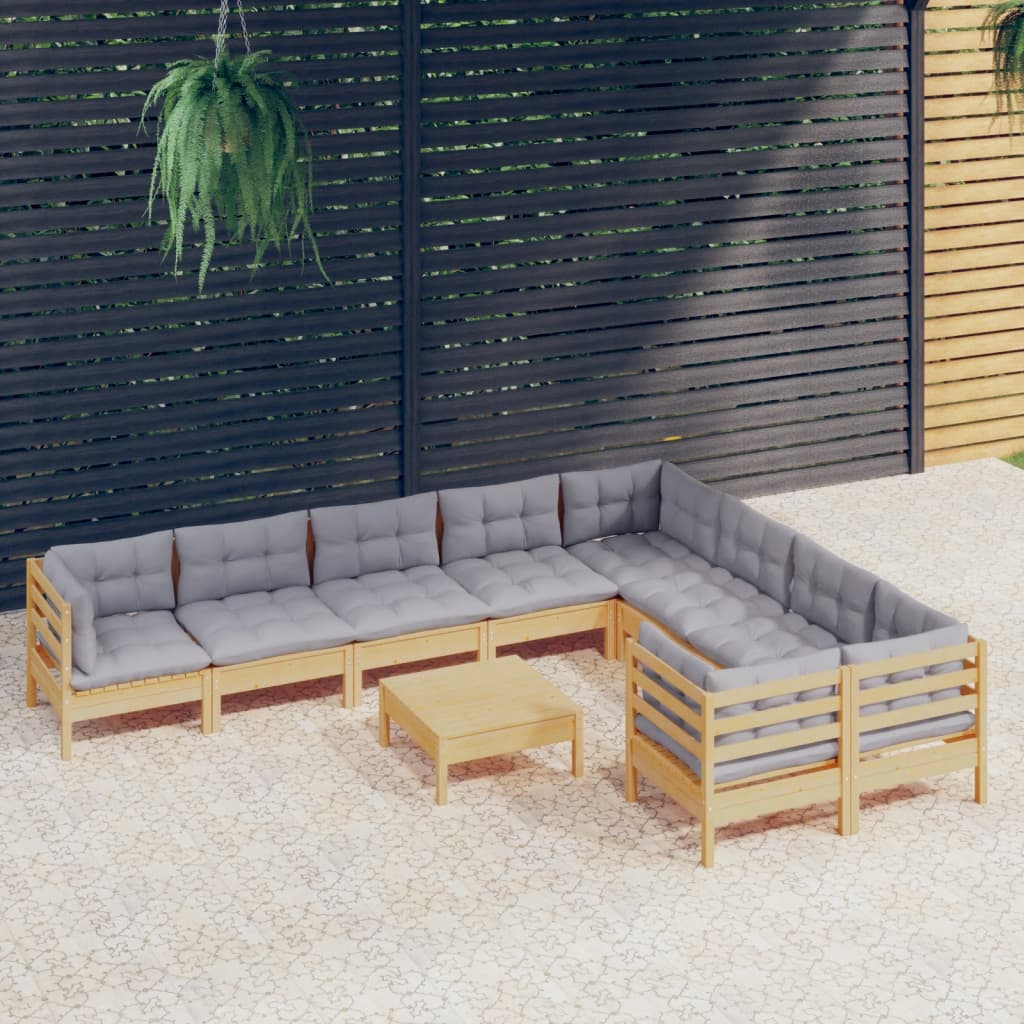 Set mobilier de grădină cu perne gri 10 piese lemn masiv de pin - Lando