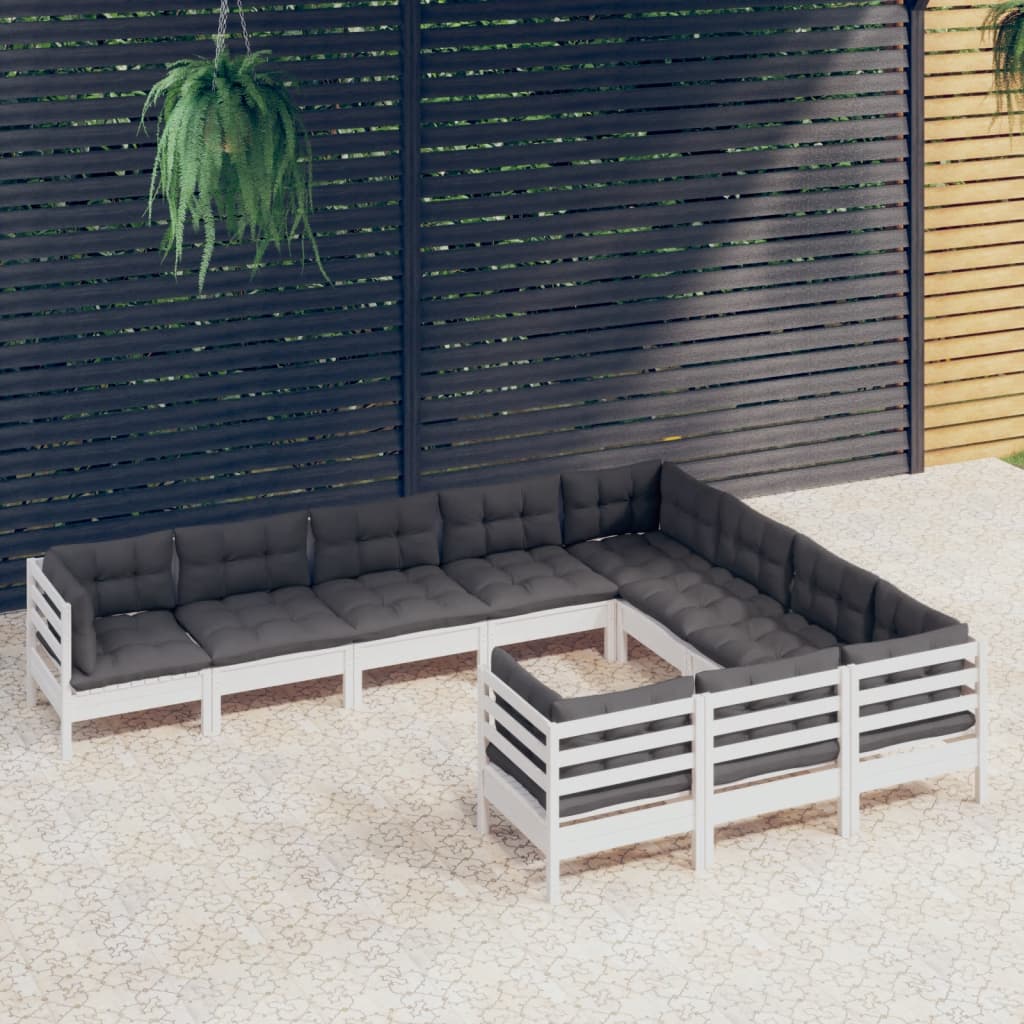 Set mobilier grădină cu perne, 10 piese, alb, lemn de pin - Lando