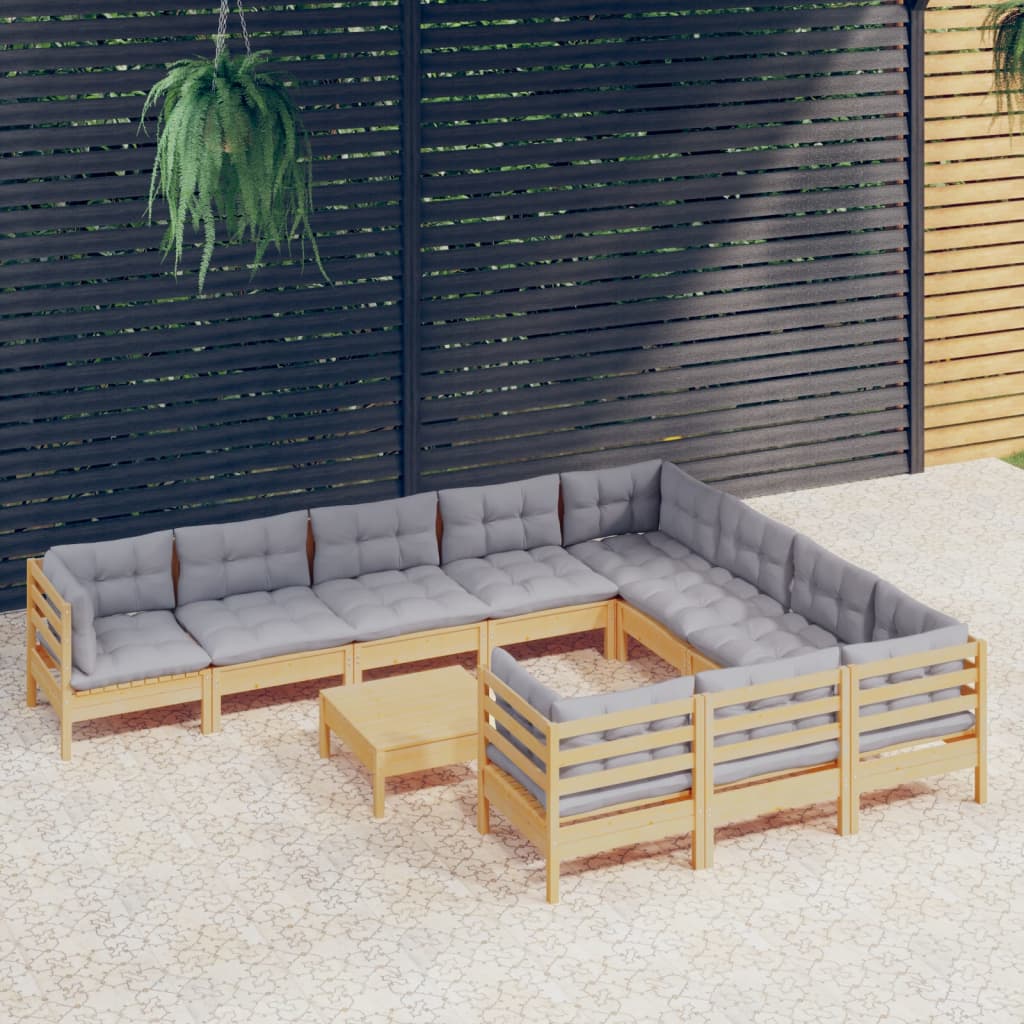 Set mobilier grădină cu perne, 11 piese, gri, lemn de pin - Lando
