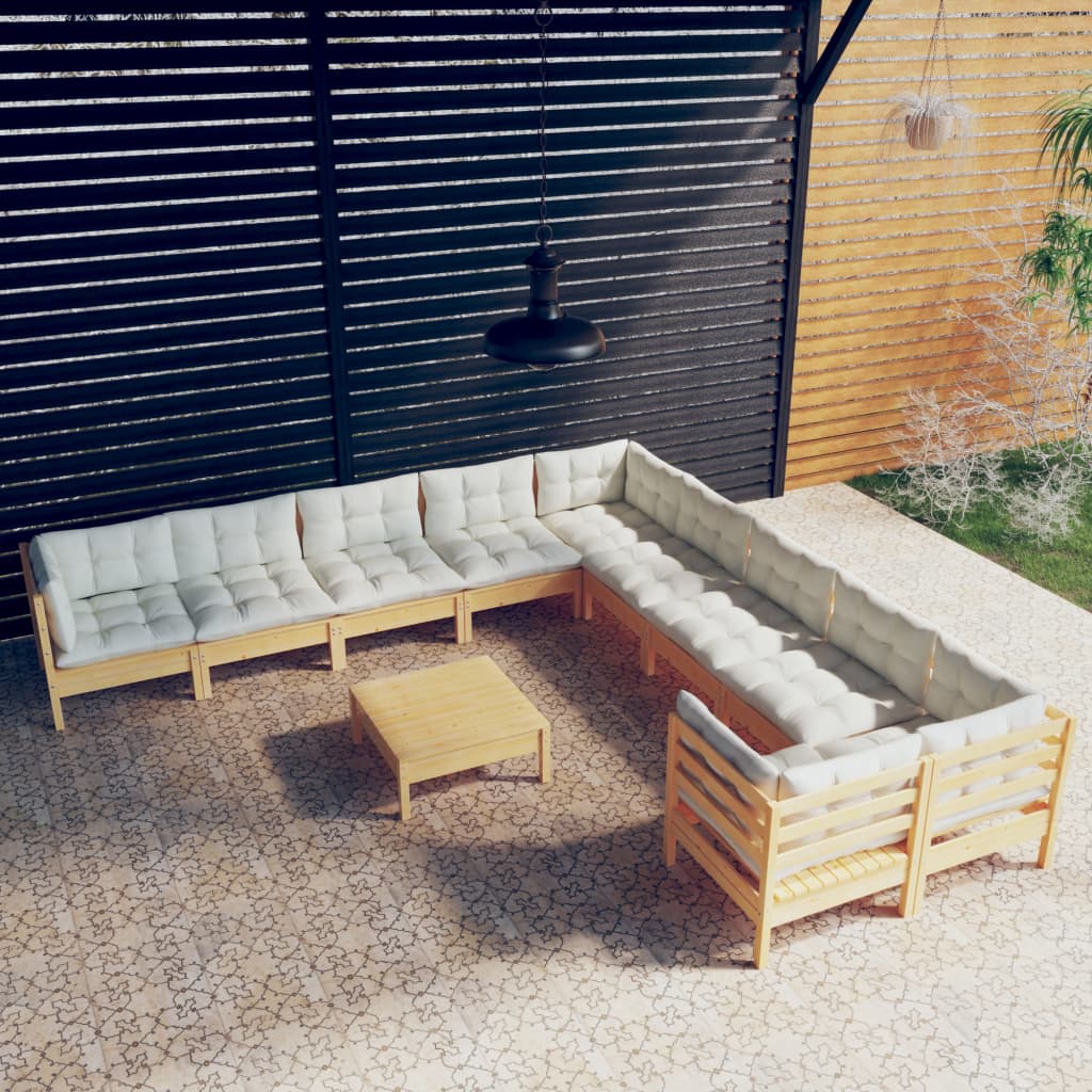 Set mobilier grădină cu perne crem, 11 piese, lemn de pin - Lando